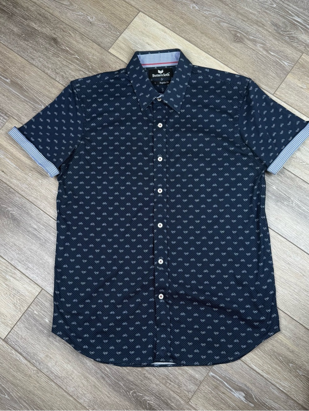 Butter Cloth Men's Navy Short Sleeve Button-Up Shirt Bicycle Print